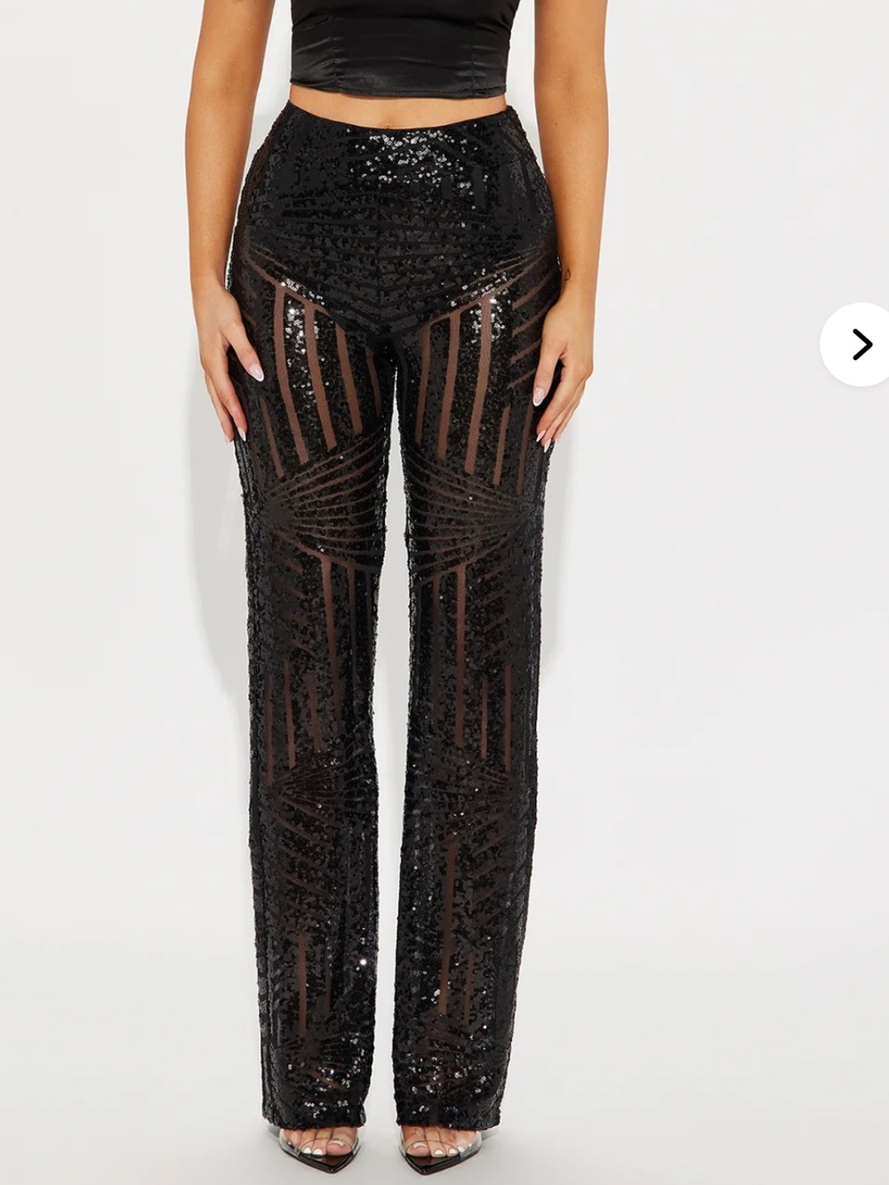 High-Waist Black Sequin Mesh straight Pants - Picture 4 of 4